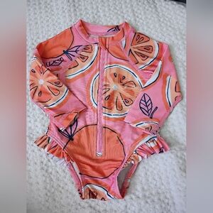Tea Baby Pink Citrus Zip-Front Long Sleeve One-Piece Swimsuit